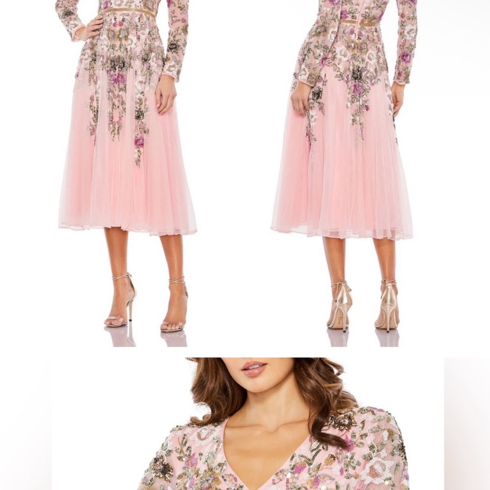 Mac Duggal 5594 Hand Embellished Floral V-Neck Long Sleeve Dress.